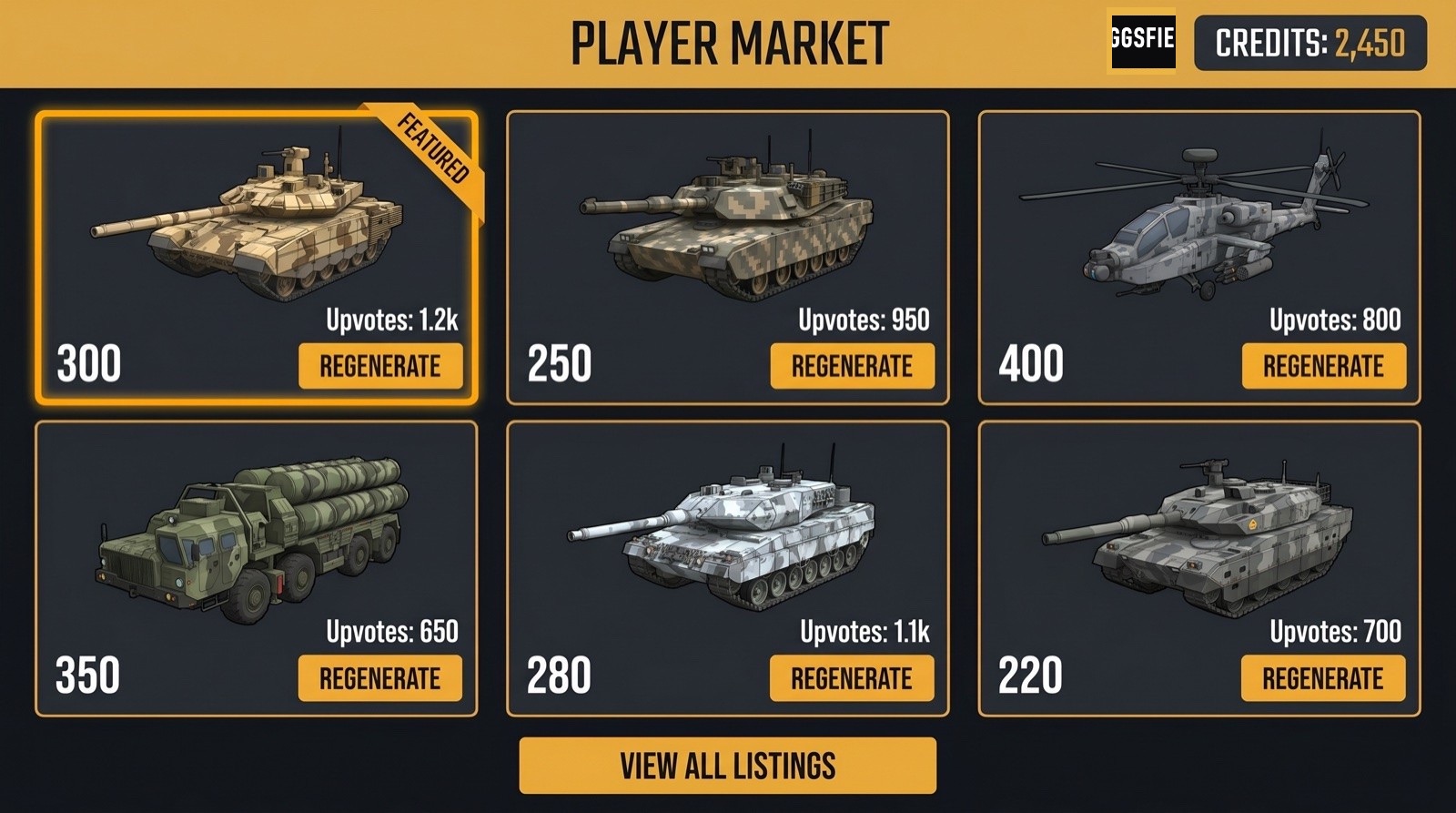 DoctrineStrike Player Market concept: a grid of player-created units with credit prices, upvotes and a Regenerate button on each card